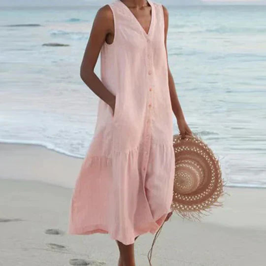 Mode Outlet | Lichtroze Midi Jurk voor Dames – Elegant & Luchtig