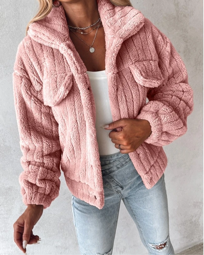 Dames Teddy Jas – Oversized Met Knoopsluiting en Zijzakken