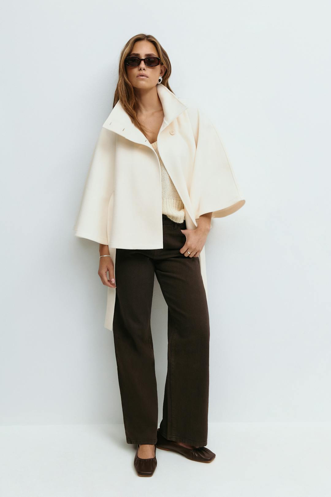 Elegante dames jas | Cape-model met ceintuur en hoge kraag