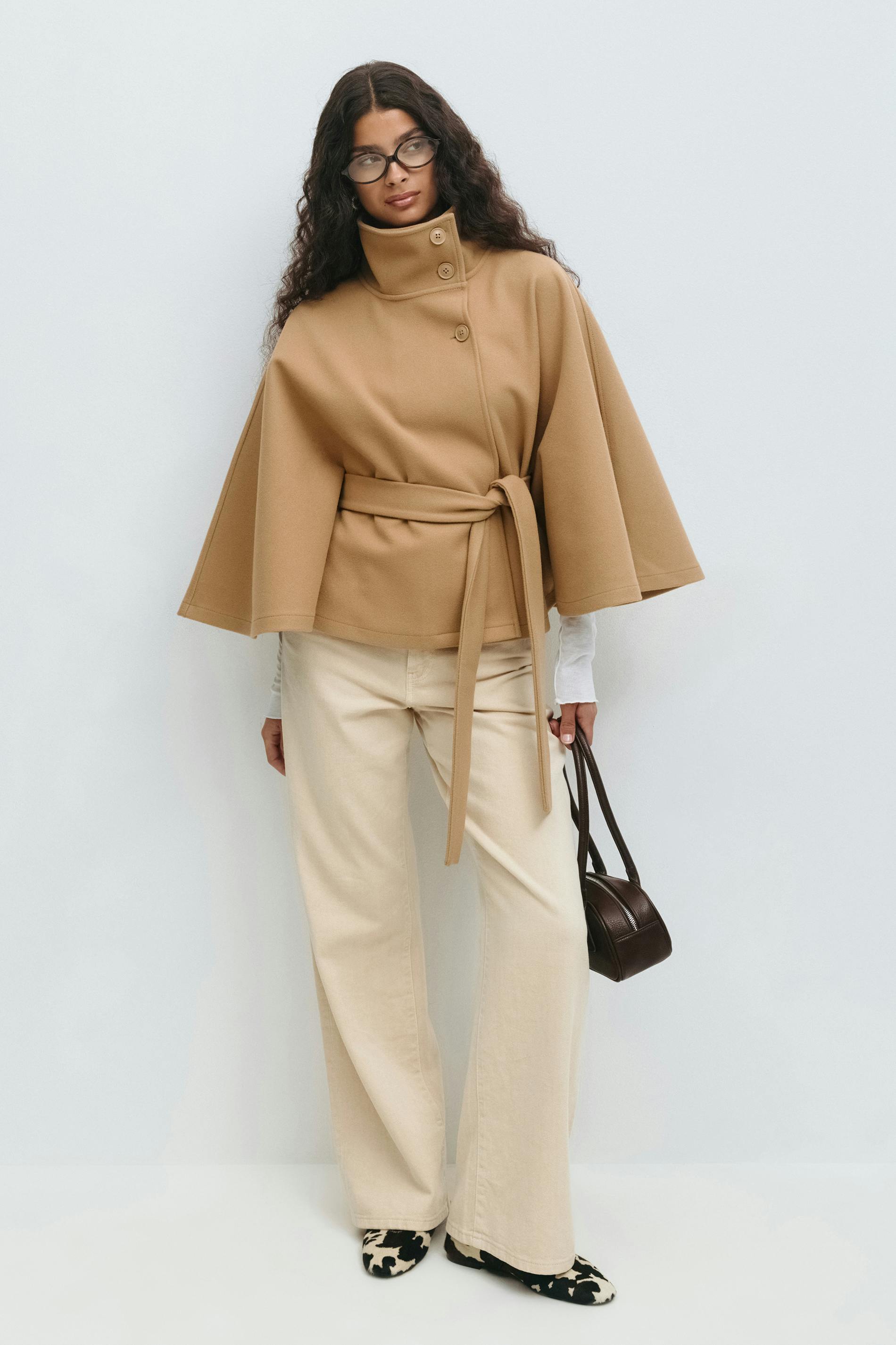 Elegante dames jas | Cape-model met ceintuur en hoge kraag