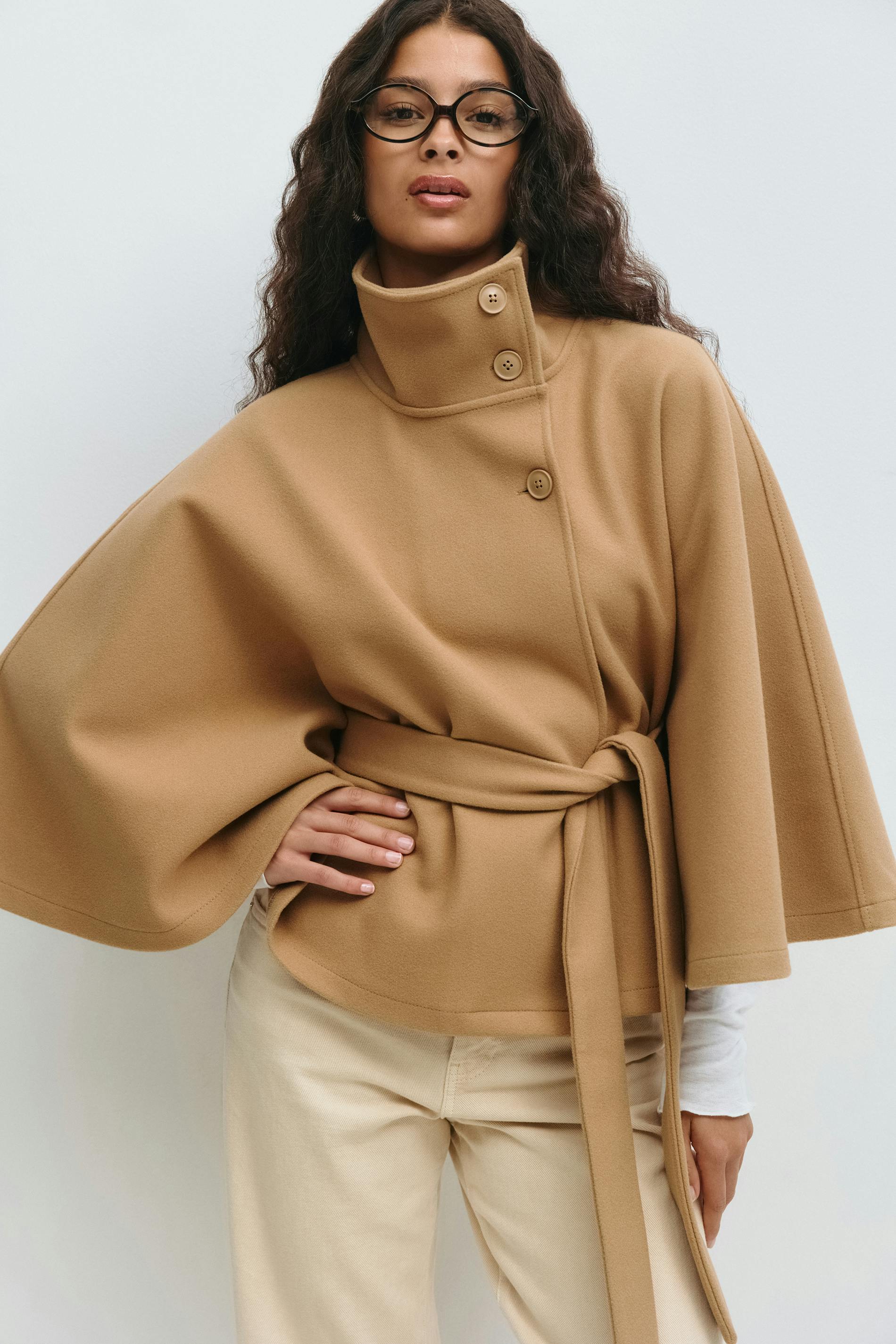 Elegante dames jas | Cape-model met ceintuur en hoge kraag