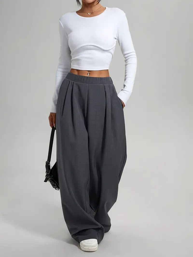 Mode Outlet | Stijlvolle Bandplooibroek met Wijde Pijpen