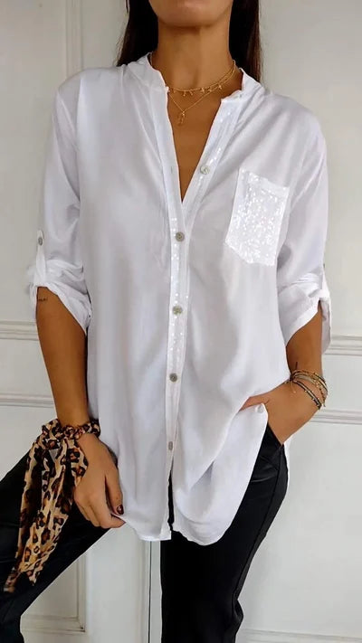 Dames blouse – Blouse met relaxte pasvorm en subtiele glans