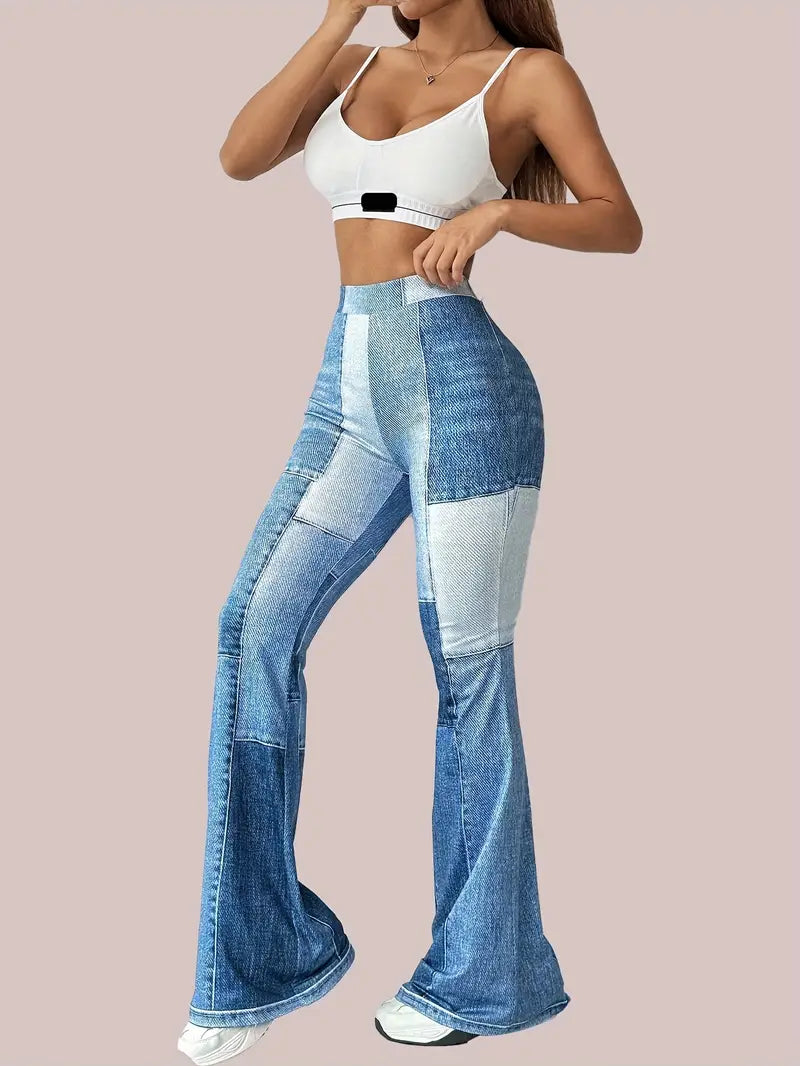 Mode Outlet | Elyssara Flared Broek met Patchworkmotief – Trendy & Uniek