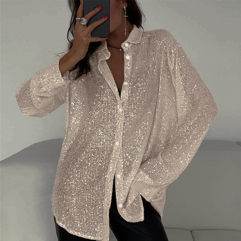 Elena – Elegante Pailletten Blouse met Lange Mouwen