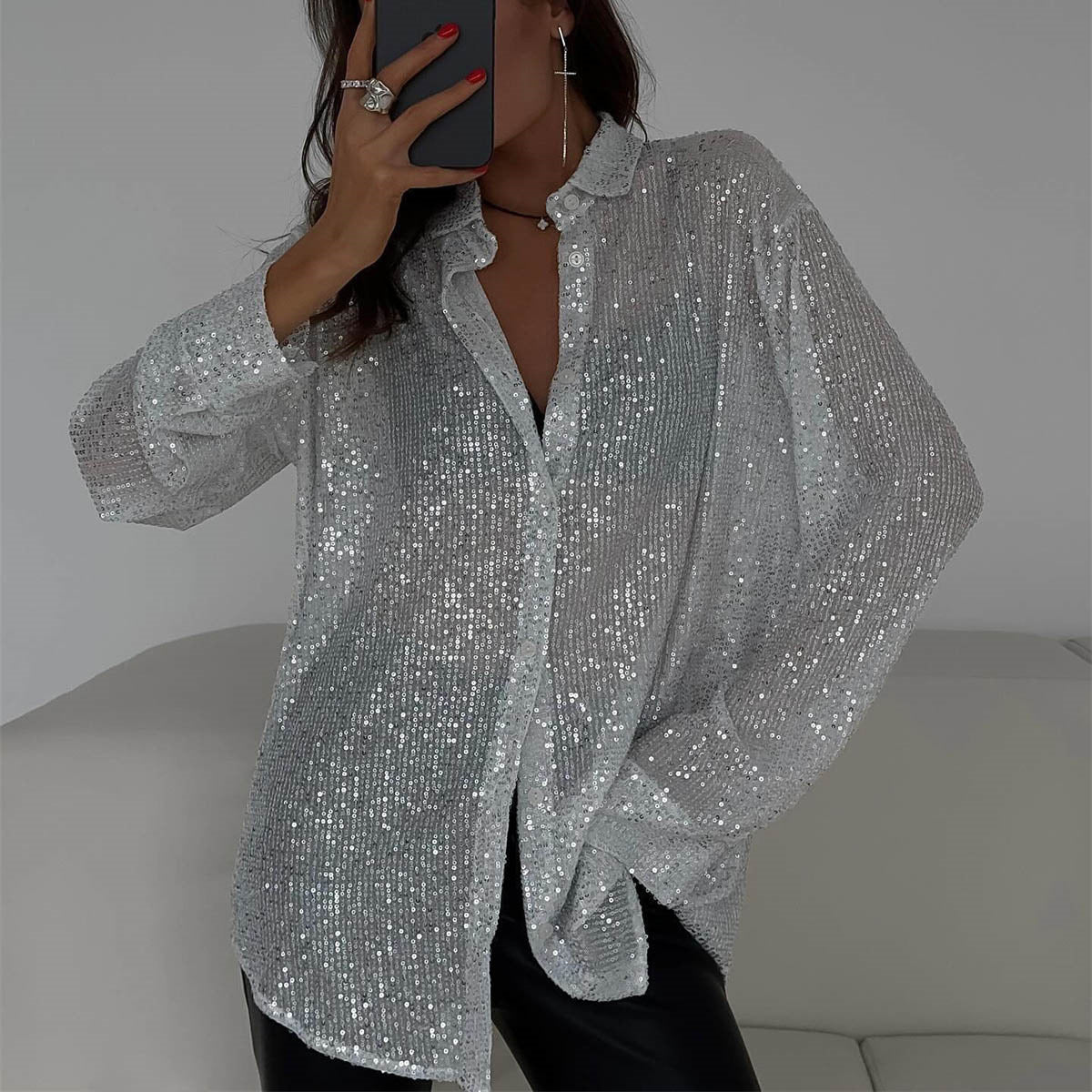 Elena – Elegante Pailletten Blouse met Lange Mouwen