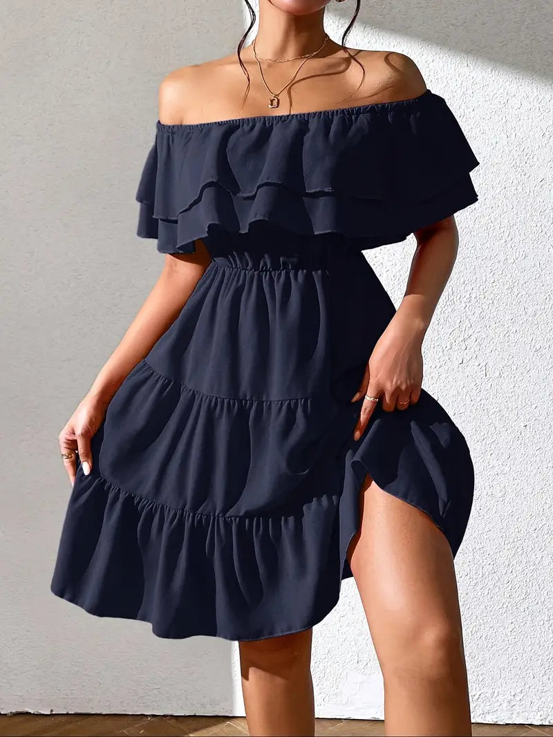 Mode Outlet | Elegante Off-the-Shoulder Jurk met Ruches – Vrouwelijk & Stijlvol