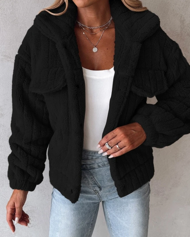 Dames Teddy Jas – Oversized Met Knoopsluiting en Zijzakken
