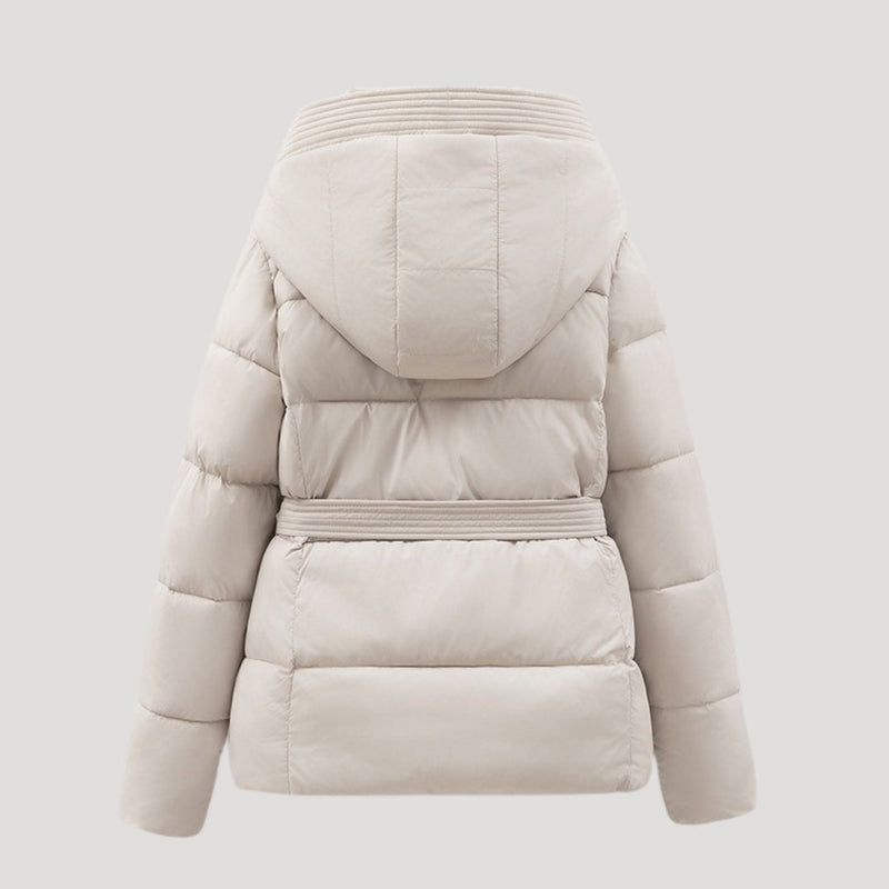 Dames puffer jas | Korte gewatteerde jas met ceintuur en capuchon