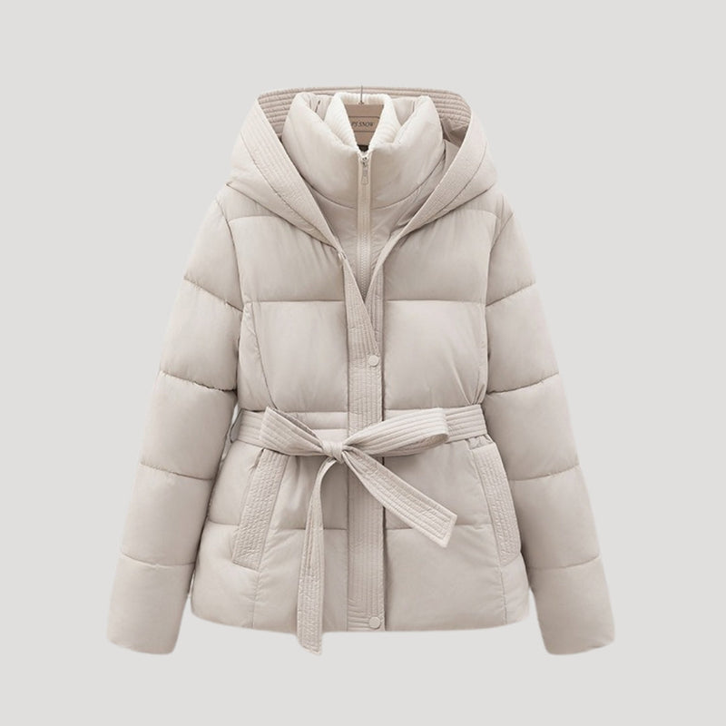 Dames puffer jas | Korte gewatteerde jas met ceintuur en capuchon