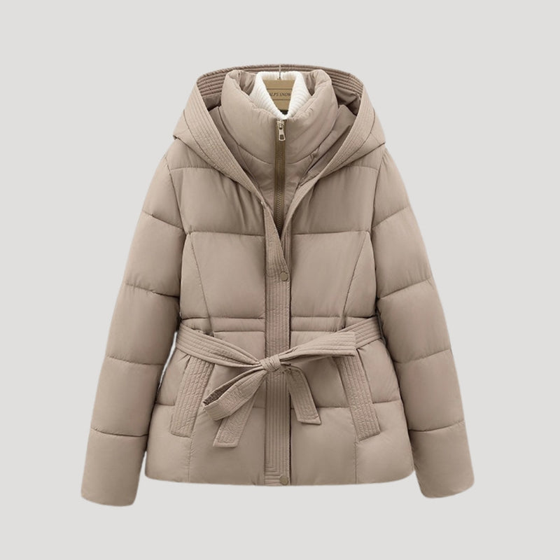 Dames puffer jas | Korte gewatteerde jas met ceintuur en capuchon