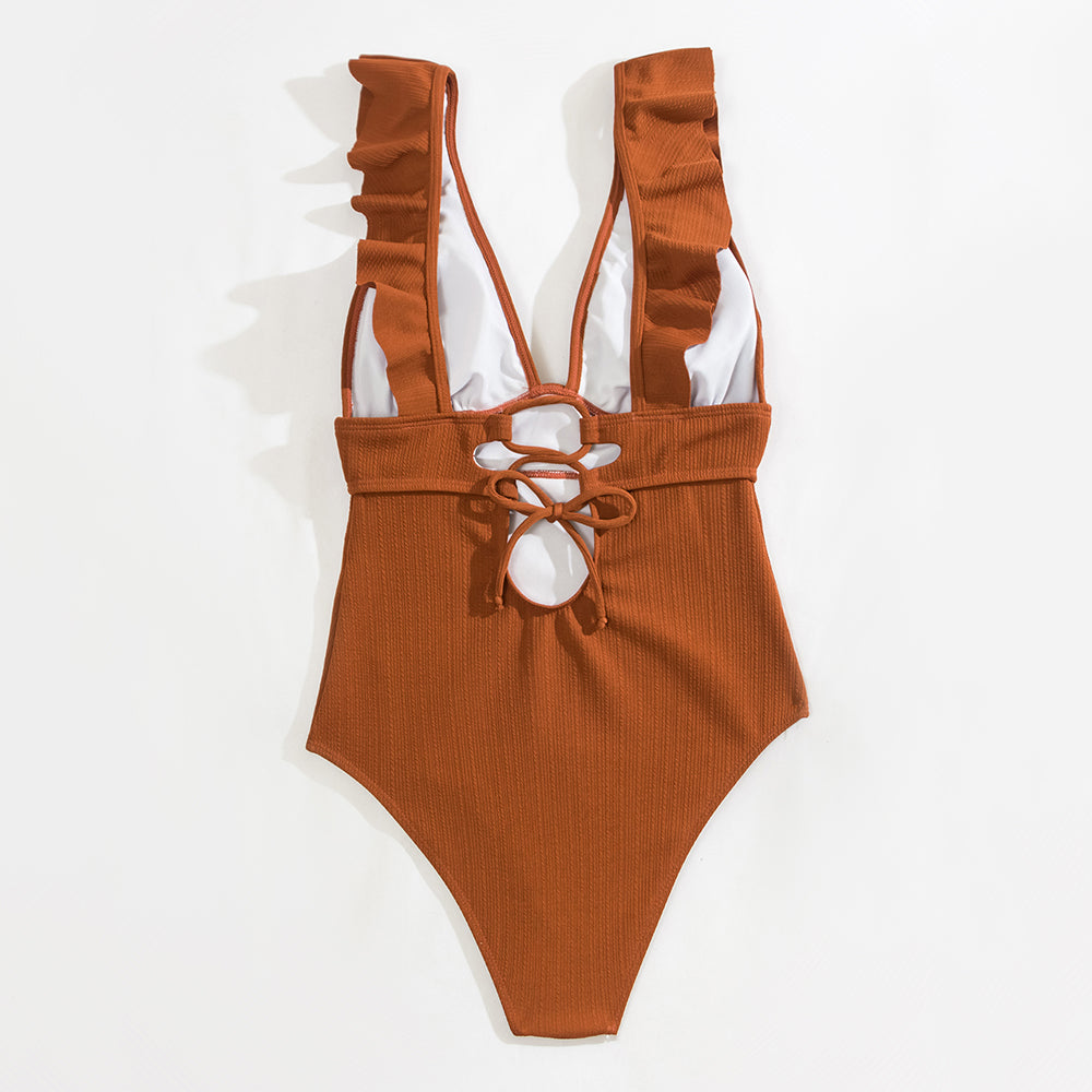 Mode Outlet | Elegant V-Hals Badpak met Ruffle Details – Stijlvol & Flatterend