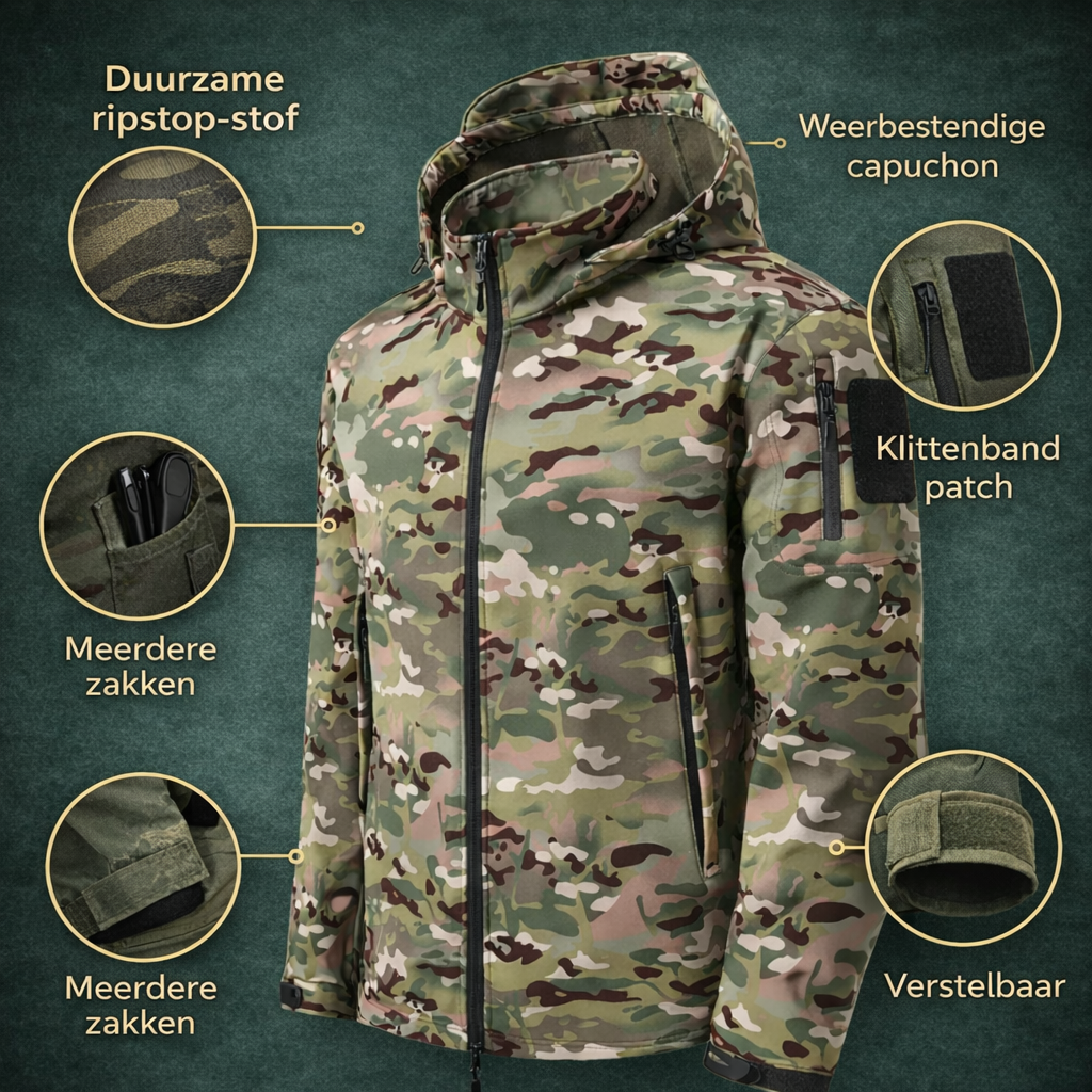 Camouflage Softshell Jas voor Heren – Outdoor Laag met Capuchon voor Koud Weer