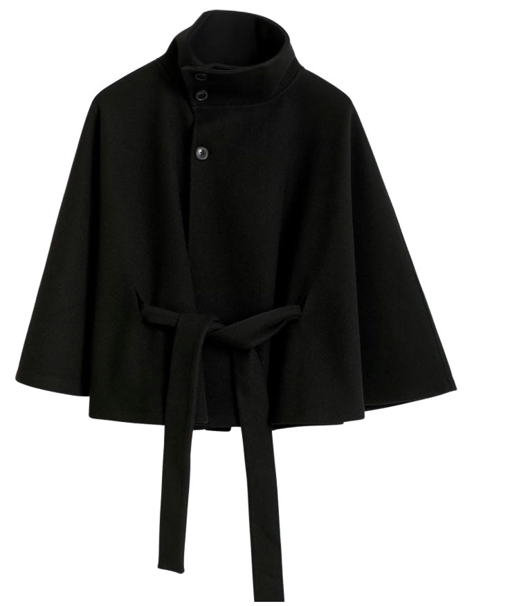 Elegante dames jas | Cape-model met ceintuur en hoge kraag