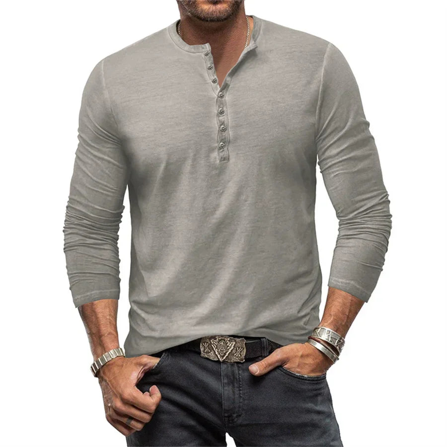 Mode Outlet | Heren Henley Shirt met Lange Mouwen – Casual & Comfortabel