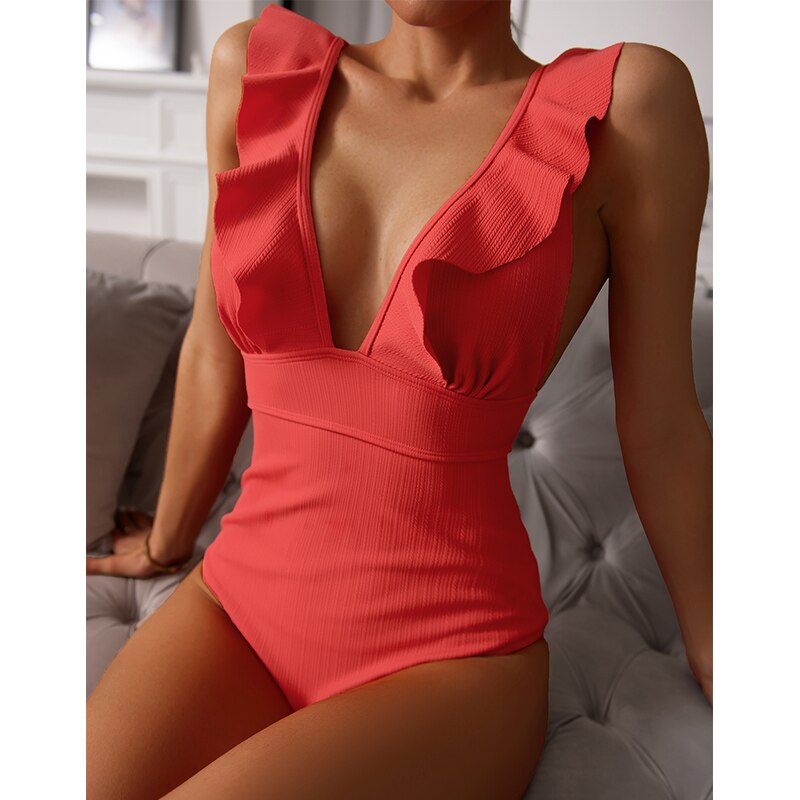 Mode Outlet | Elegant V-Hals Badpak met Ruffle Details – Stijlvol & Flatterend