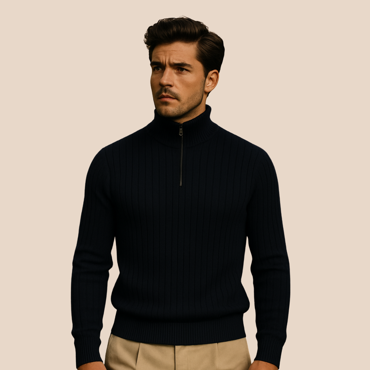 Heren Quarter Zip Trui met Ribstructuur en Opstaande Kraag