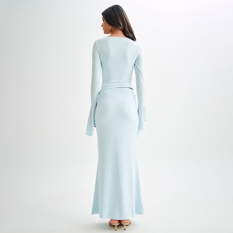 Selin | Elegante Dames Maxijurk met Sierlijke Plooi en Lange Mouwen