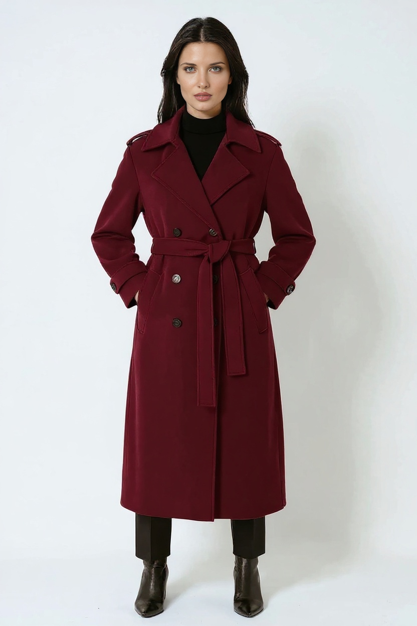 Dames Winterjas – Burgundy Kleur met Ceintuur