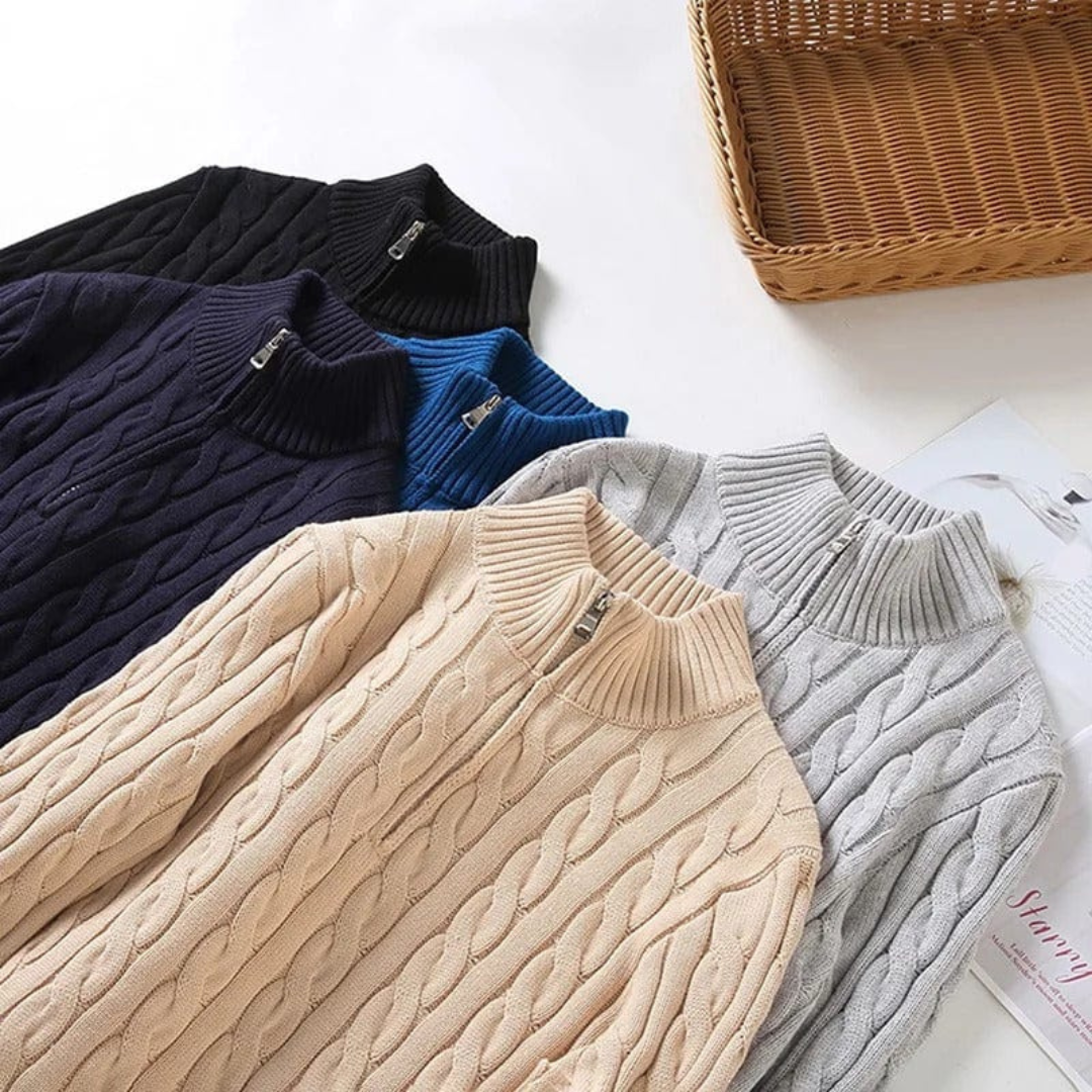 Heren Zip-Pullover met Noors Kabelpatroon | Warme Gebreide Trui met Ritskraag
