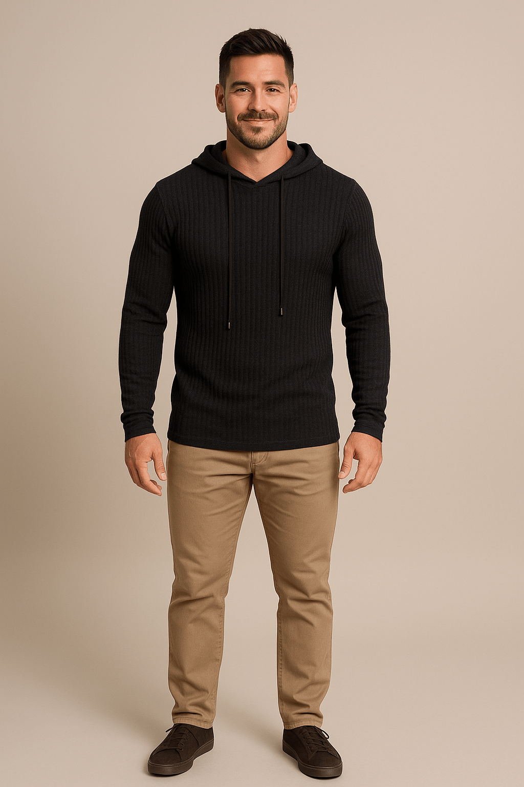 Heren gebreide hoodie | Slim fit ribgebreid design met trekkoord