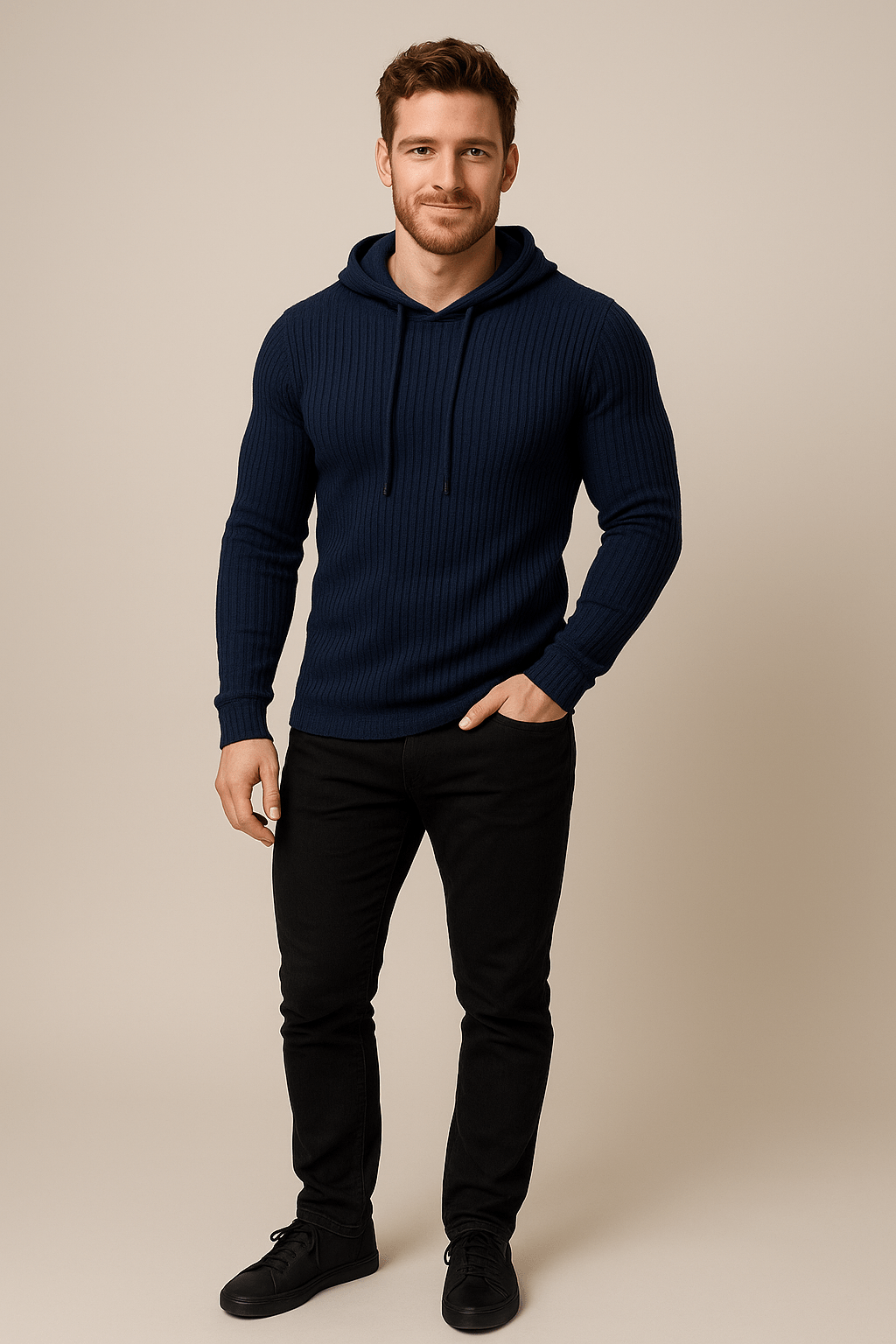 Heren gebreide hoodie | Slim fit ribgebreid design met trekkoord