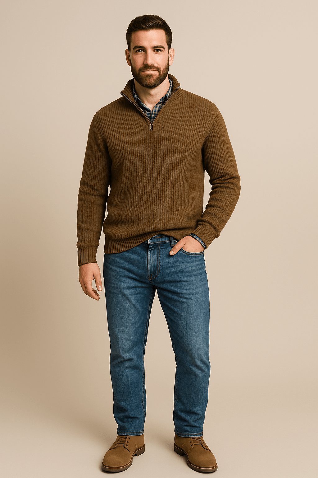 Heren trui met halve rits | Ribgebreid design & hoge kraag