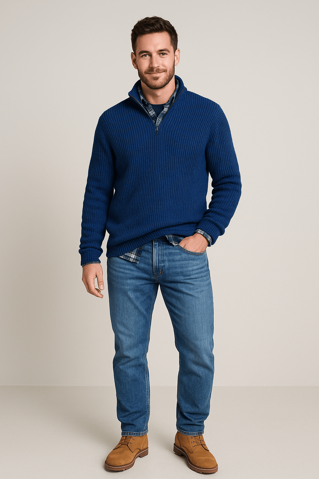 Heren trui met halve rits | Ribgebreid design & hoge kraag
