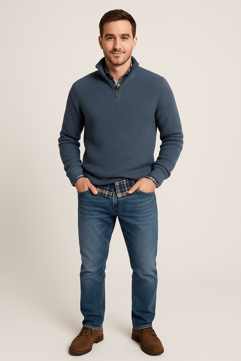Heren trui met halve rits | Ribgebreid design & hoge kraag