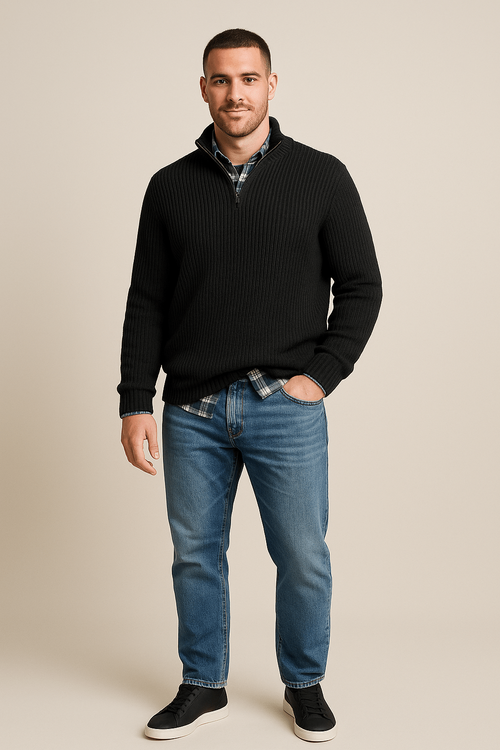 Heren trui met halve rits | Ribgebreid design & hoge kraag