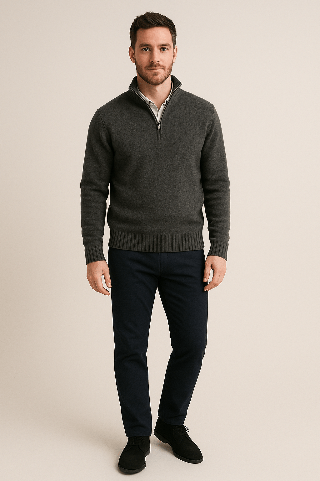 Heren trui met halve rits | Ribgebreid design & hoge kraag