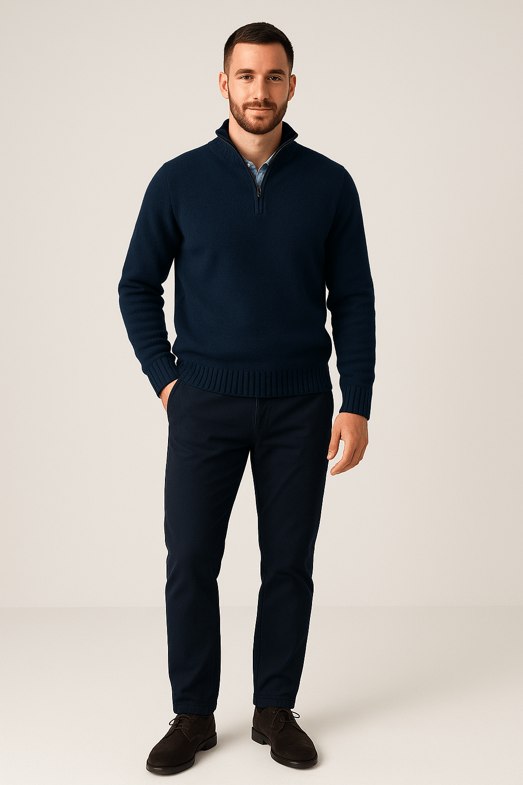 Heren trui met halve rits | Ribgebreid design & hoge kraag