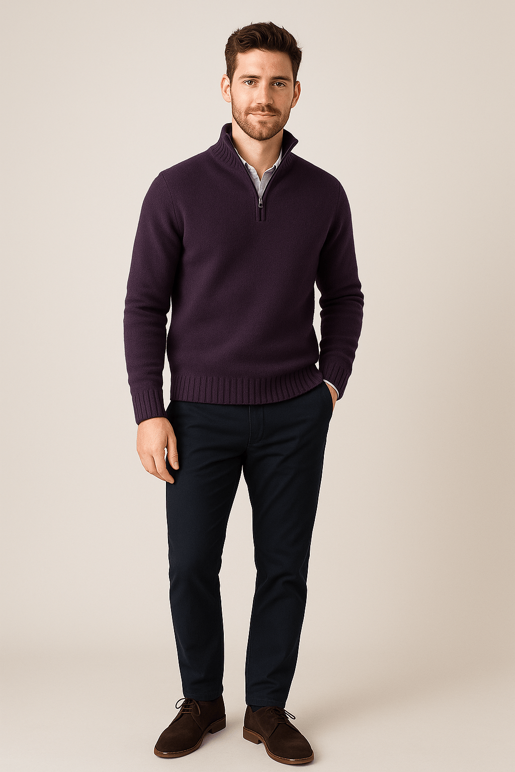 Heren trui met halve rits | Ribgebreid design & hoge kraag