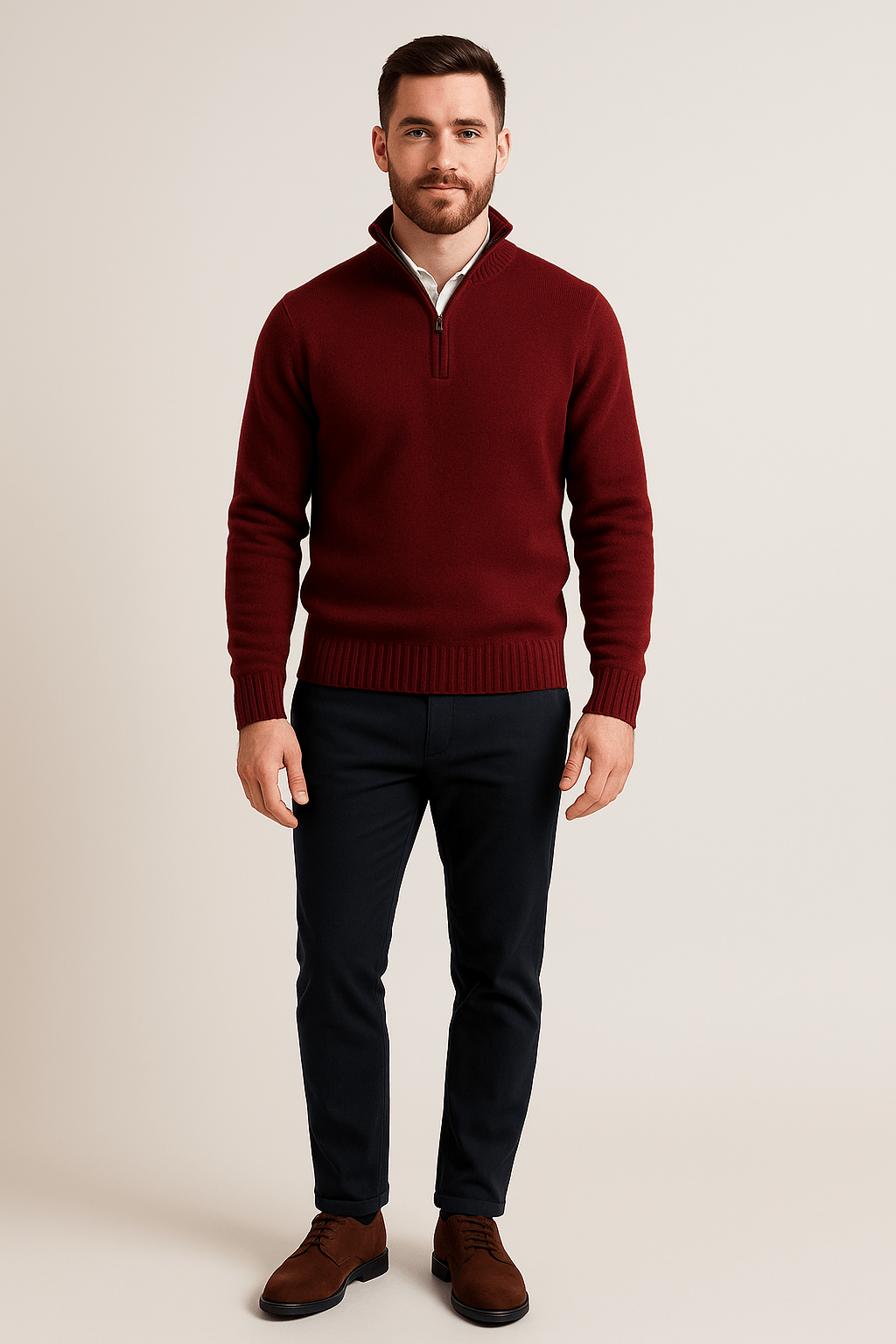 Heren trui met halve rits | Ribgebreid design & hoge kraag