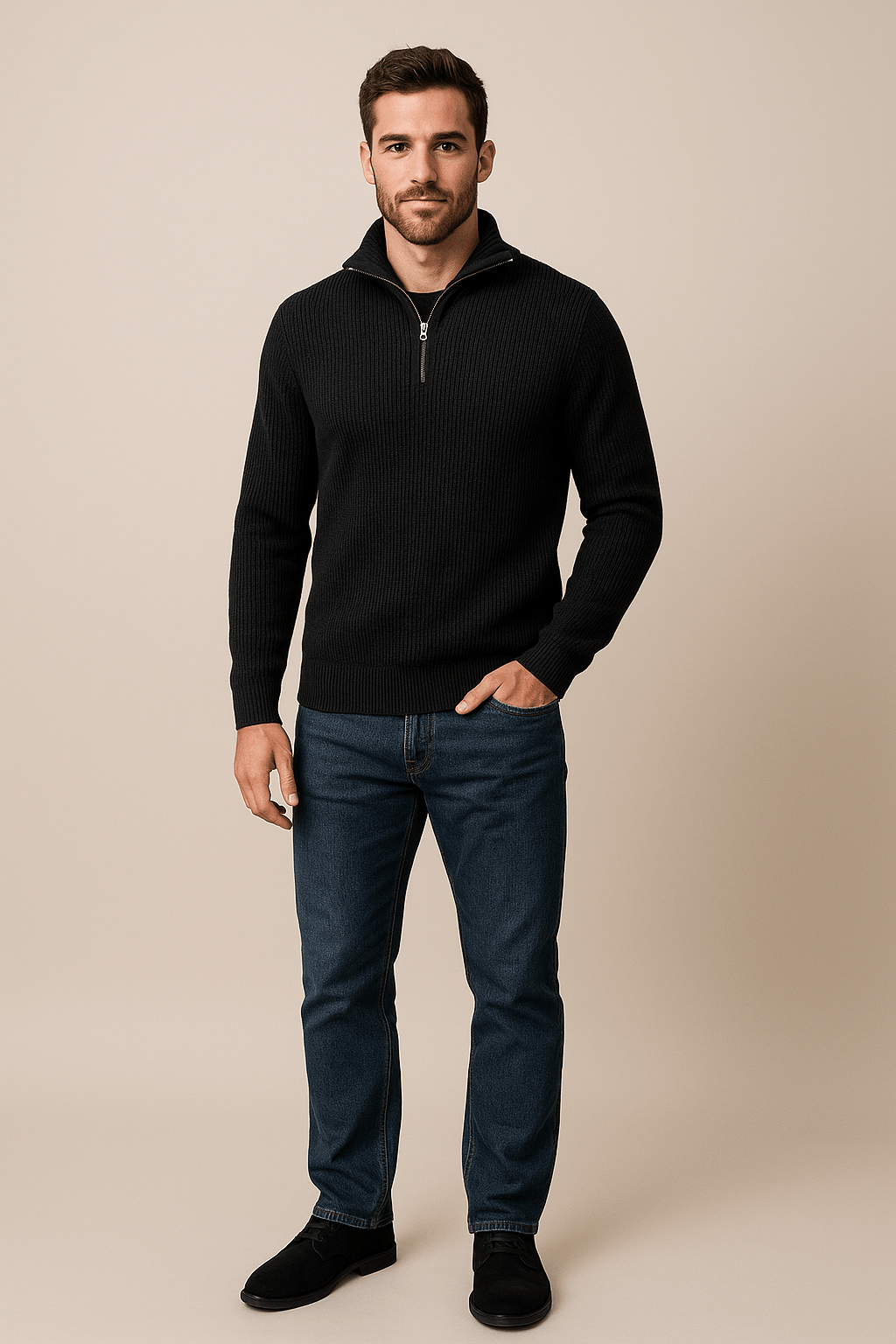Heren Half-Zip Trui met Hoge Kraag en Verzorgde Structuur
