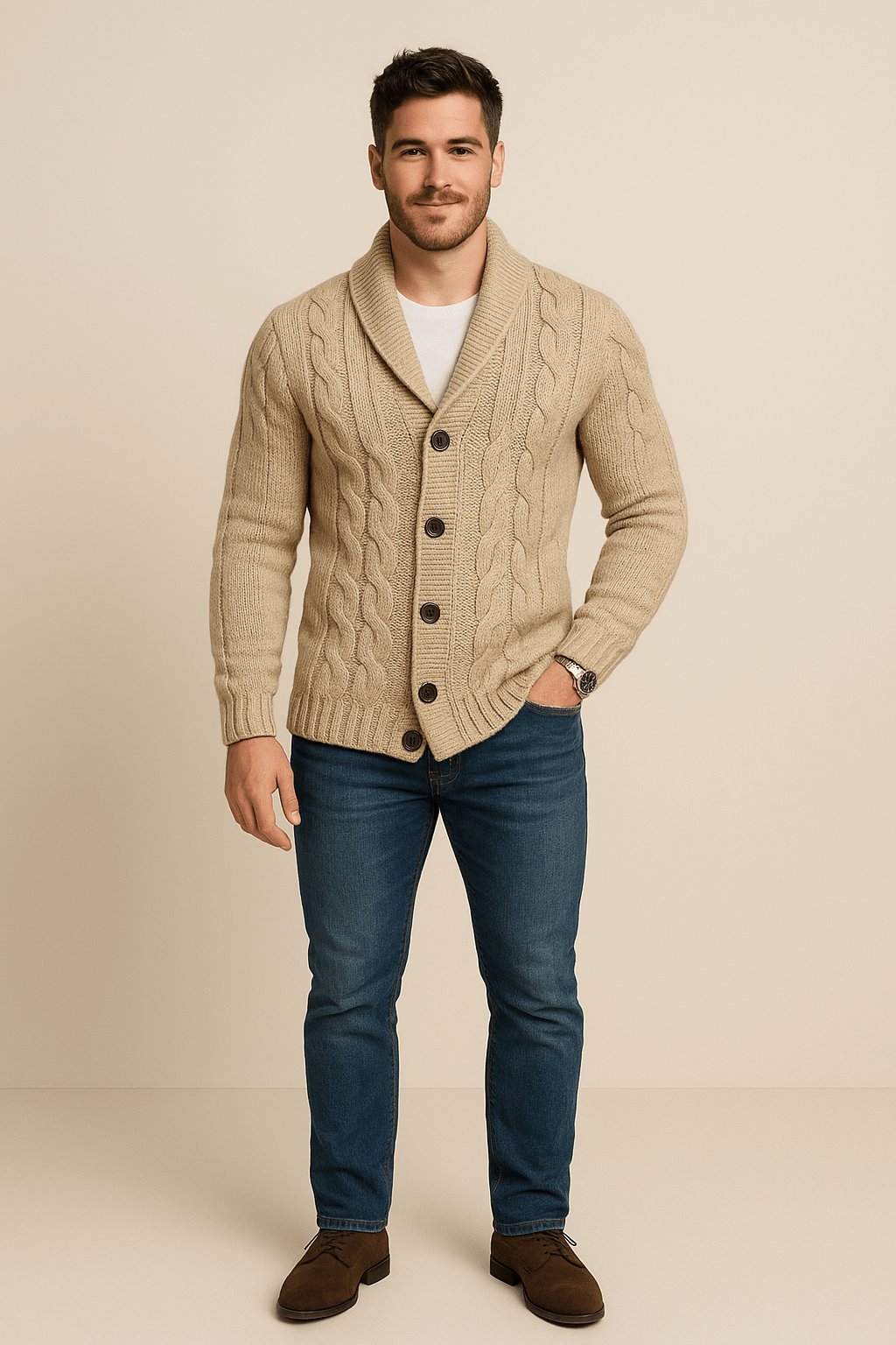 Heren kabelgebreid vest met knopen | Sjaalkraag & tijdloos design