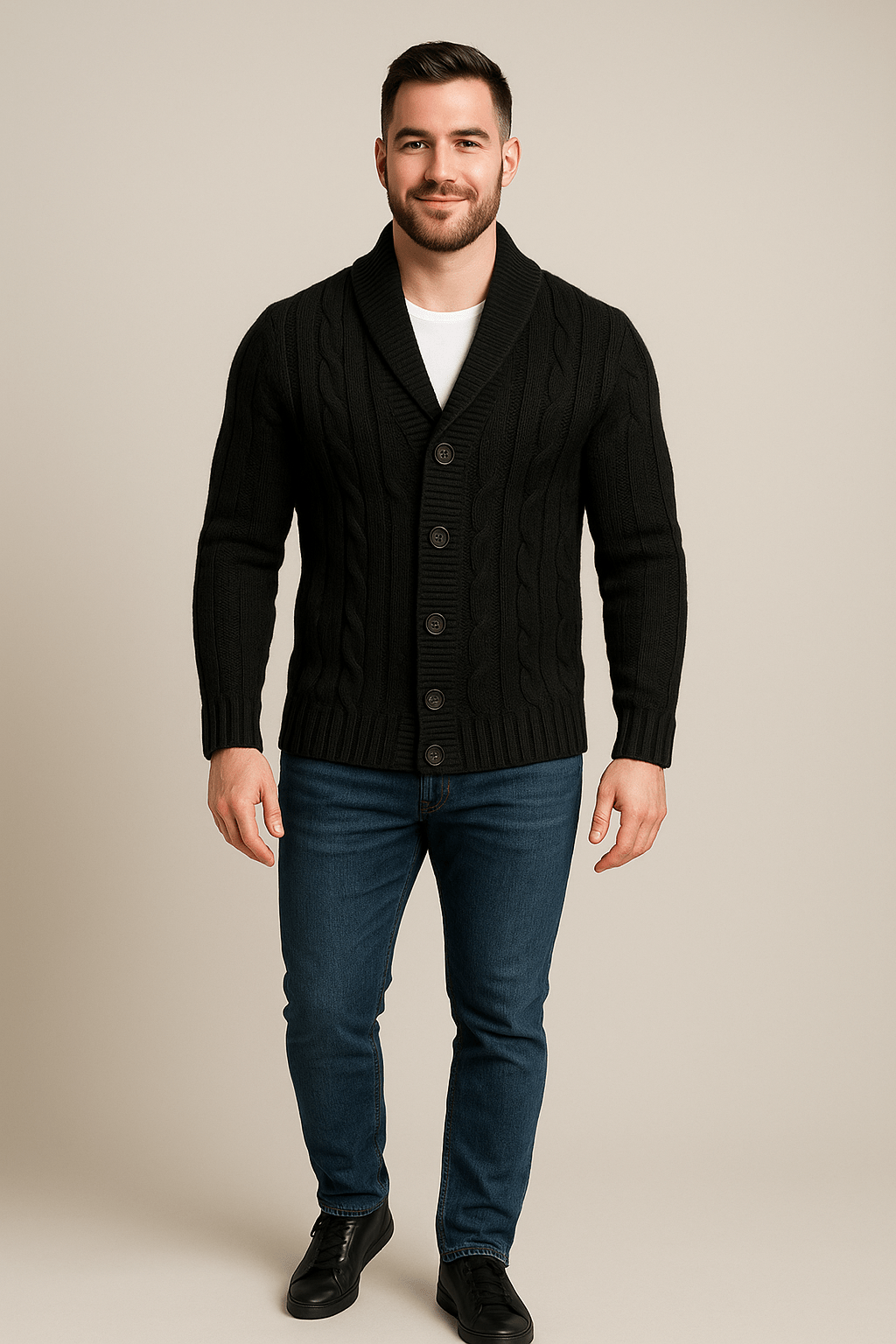 Heren kabelgebreid vest met knopen | Sjaalkraag & tijdloos design