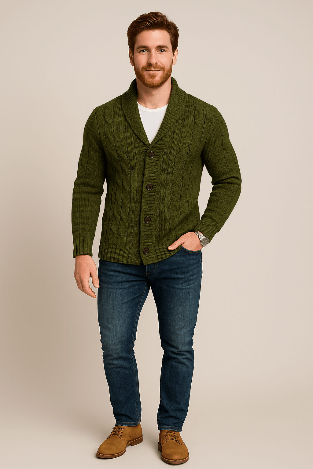 Heren kabelgebreid vest met knopen | Sjaalkraag & tijdloos design