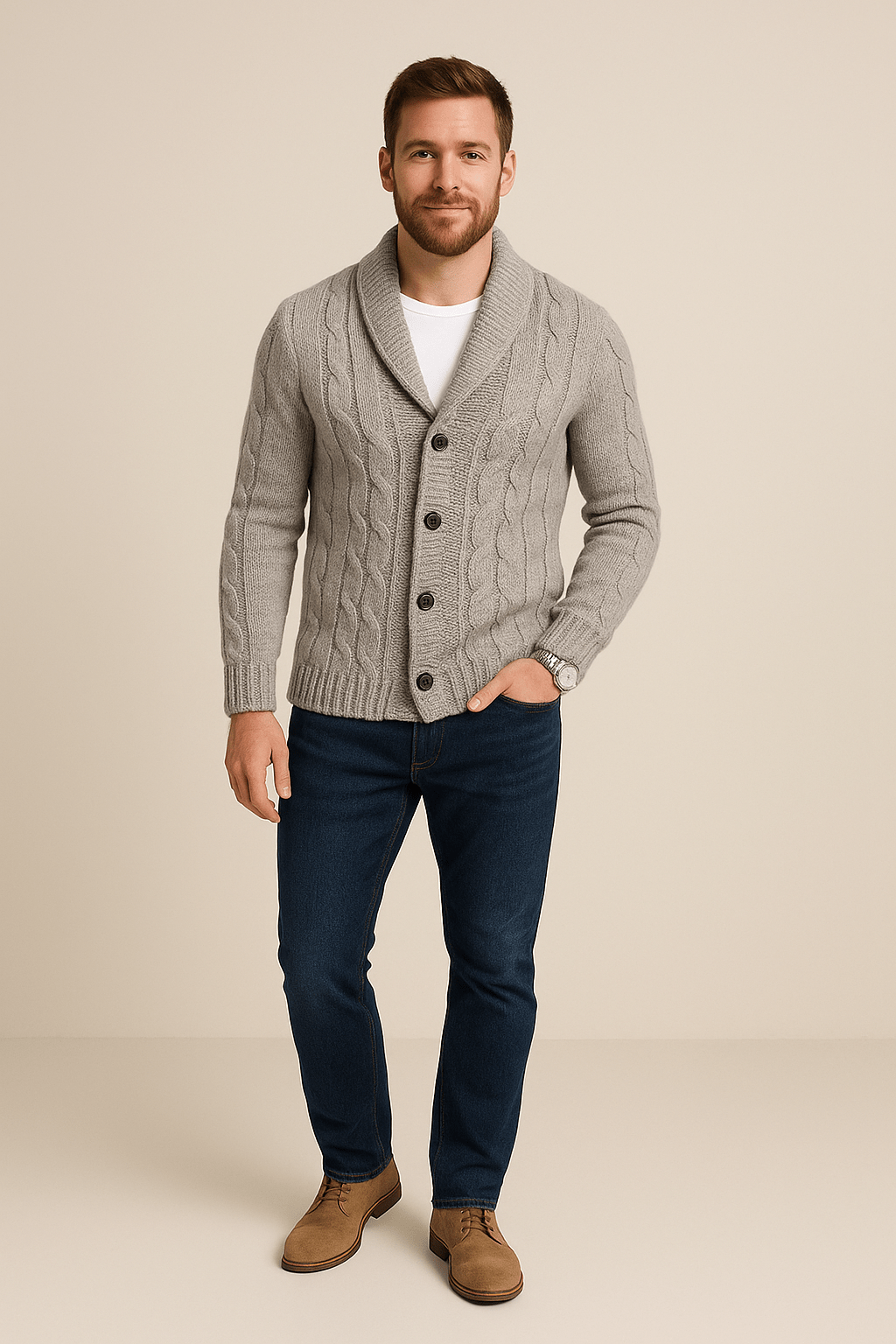 Heren kabelgebreid vest met knopen | Sjaalkraag & tijdloos design