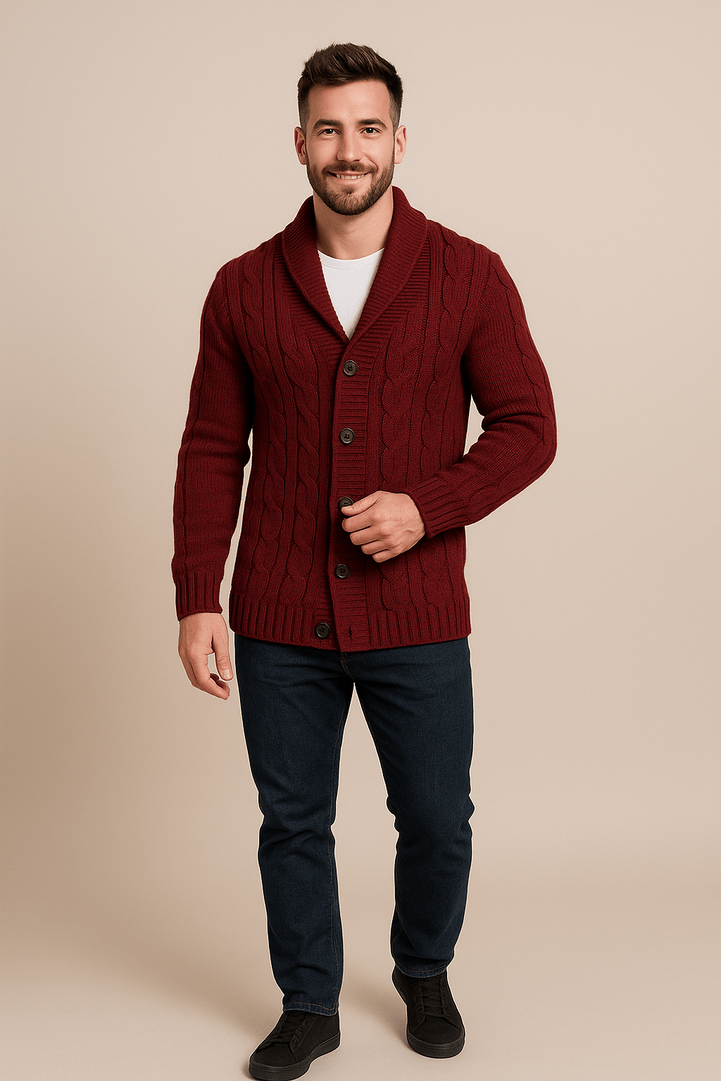 Heren kabelgebreid vest met knopen | Sjaalkraag & tijdloos design