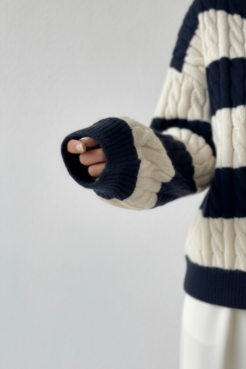 Dames Oversized Trui met Kabelpatroon en V-Hals | Gestreepte Details & Cozy Pasvorm