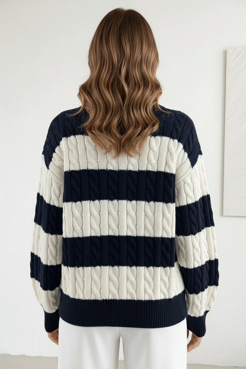 Dames Oversized Trui met Kabelpatroon en V-Hals | Gestreepte Details & Cozy Pasvorm