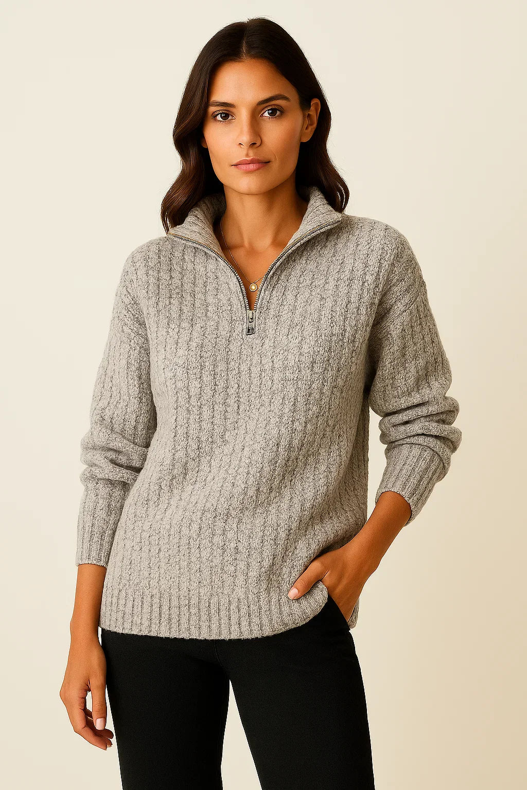 Half Zip Trui Dames – Grijze pullover met casual fit en lange mouwen