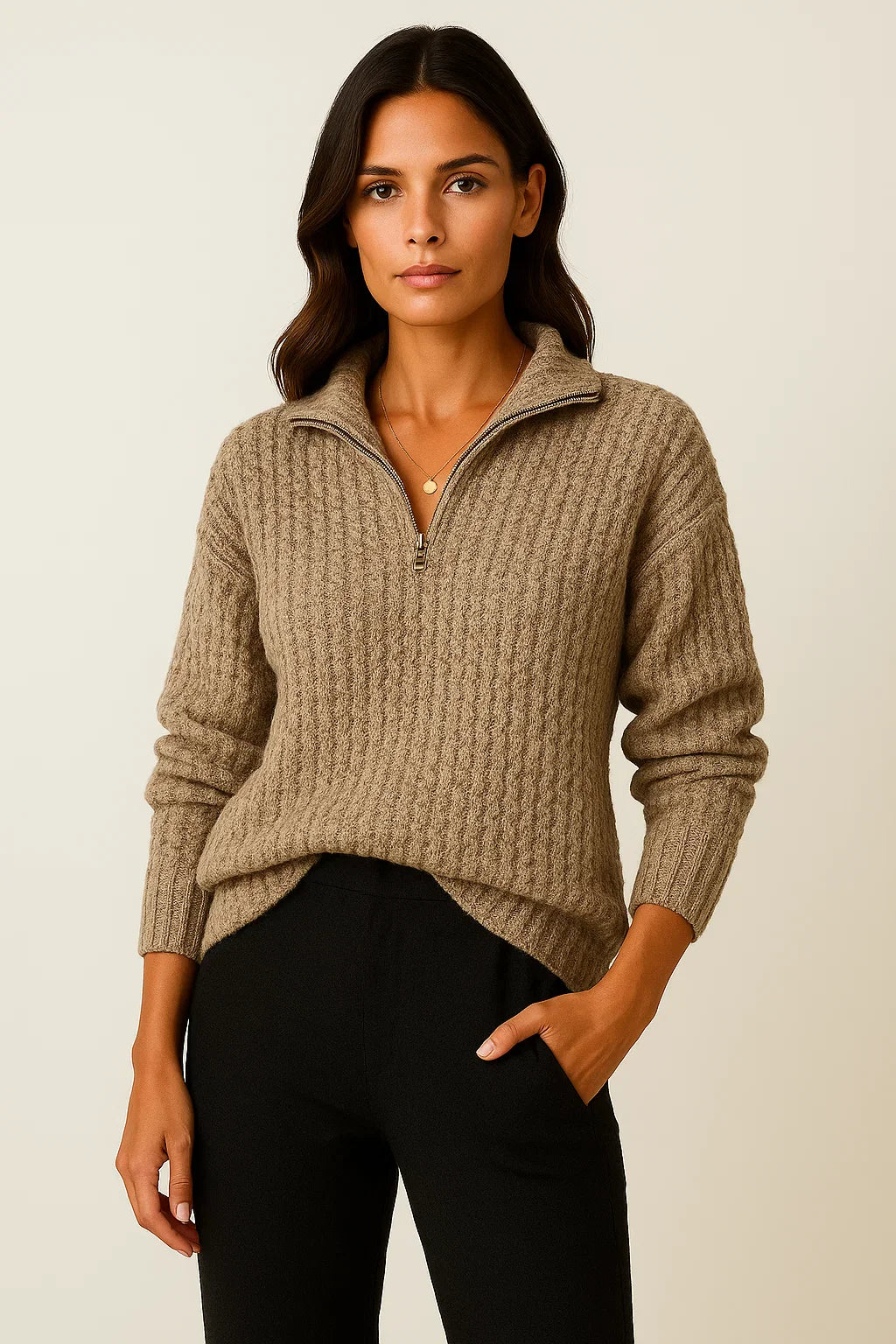 Half Zip Trui Dames – Grijze pullover met casual fit en lange mouwen