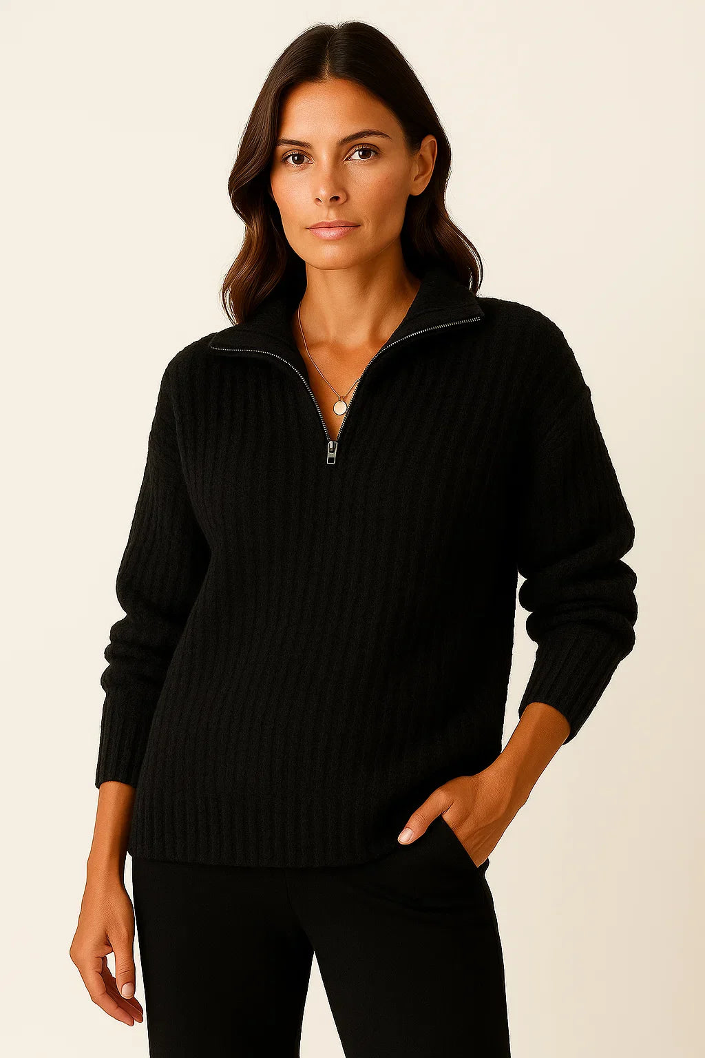 Half Zip Trui Dames – Grijze pullover met casual fit en lange mouwen