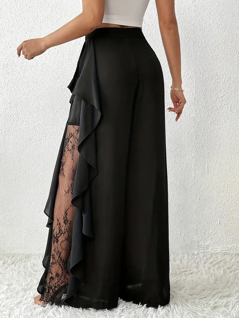 Mode Outlet | Velmora Broek met Kant & Wijde Pijpen – Stijlvol & Elegant