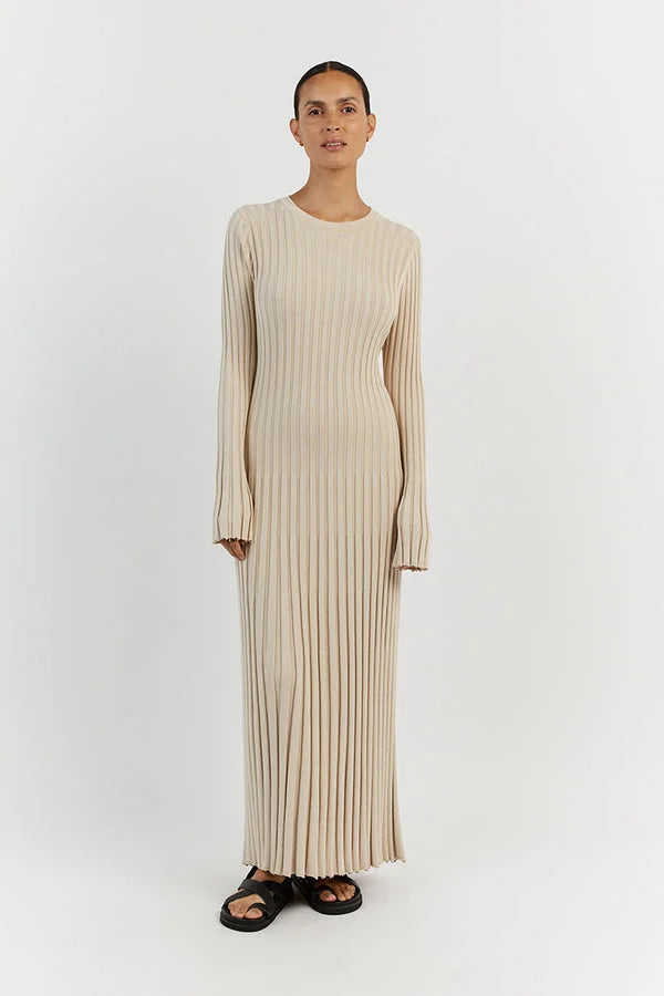 Eliana | Gebreide Midi-Jurk met Ronde Hals – Elegant & Comfortabel