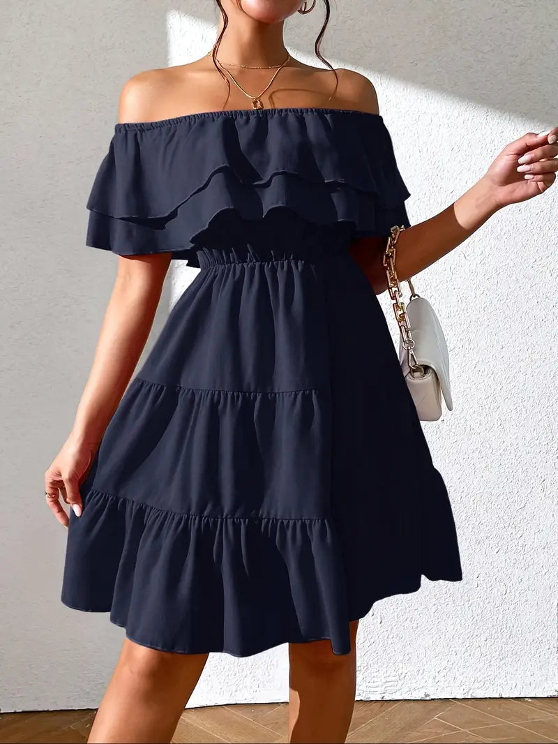 Mode Outlet | Elegante Off-the-Shoulder Jurk met Ruches – Vrouwelijk & Stijlvol