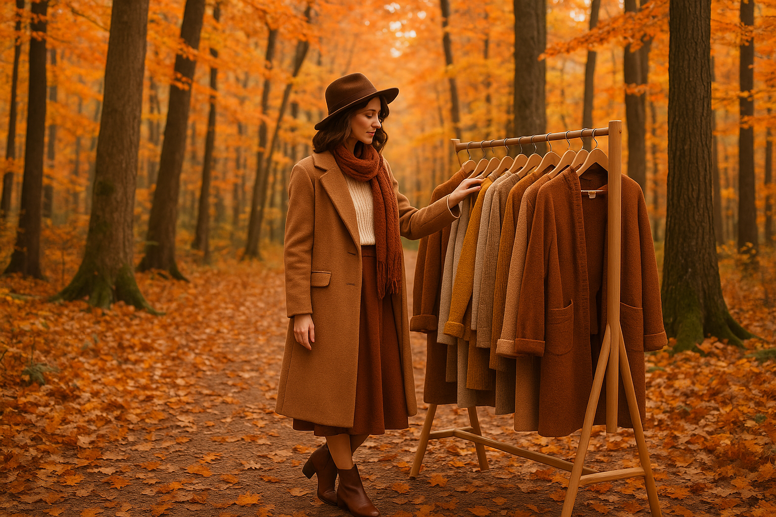 geef een vrouw in in herstachtige setting die kleding bekijkt in een kledingrek met bomen in herfststyle