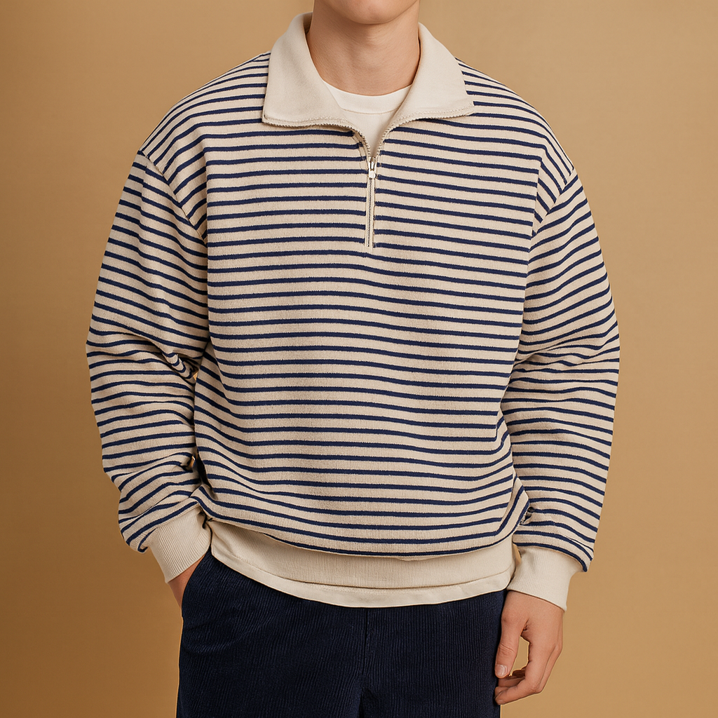 Pullover Heren | Gestreepte Trui met Halve Rits en Comfortabele Pasvorm